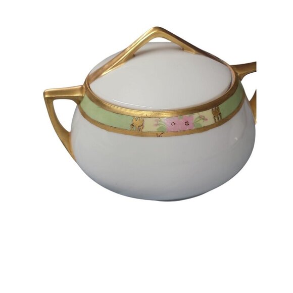 Q&EG Royal Austria Large Lidded Bowl Gold Trim Green Floral 4"T Double Handled - Picture 5 of 14